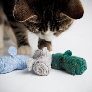 Mini catnip fuzzy mice toys 3 pack combo deal, filled with organic catnip , made from wool sweater scraps, unique cat toy, image 3