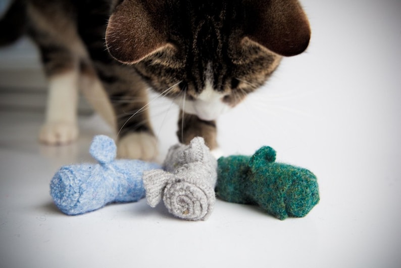 Mini catnip fuzzy mice toys 3 pack combo deal, filled with organic catnip , made from wool sweater scraps, unique cat toy, image 3