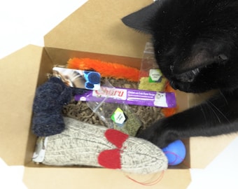 Puede incluir: Una caja de cartón llena de varios juguetes y premios para gatos, incluyendo un ratón de tela beige con orejas rojas, un tubo morado de Churu sabor pollo y cangrejo, una bolsa pequeña de hierba gatera verde y un palo naranja, con un gato negro.
