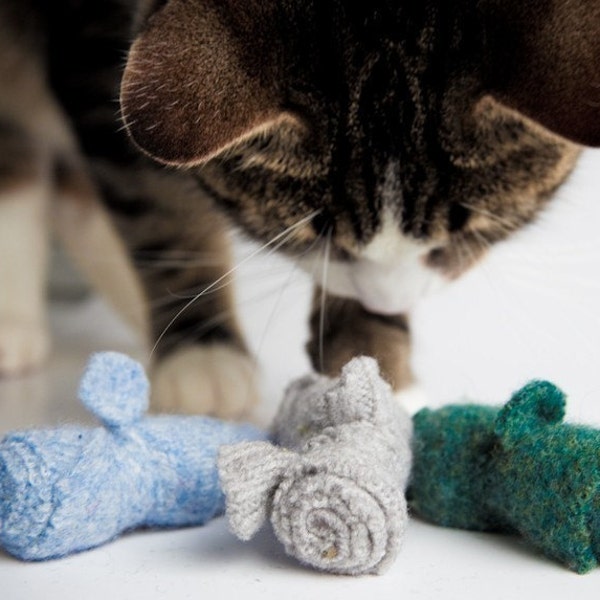 organic cat toys, set of three,  wool catnip mice, multi color assortment,  combo deal,  felted sweater mice,