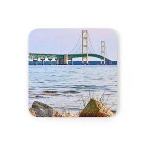 Mackinac Bridge Sunrise Cork Coaster: Michigan Souvenir