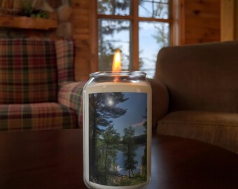 Vela con fotografía de lagos del norte de Michigan / Decoración de cera de soja vertida a mano