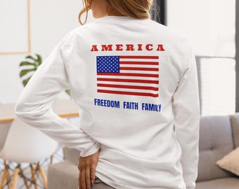 Faith Family Freedom American Flag Gildan Crewneck Sweatshirt | Patriotic USA