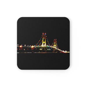 Mackinac Bridge Night Crossing Cork Back Coaster | Michigan Mighty Mac Sunset