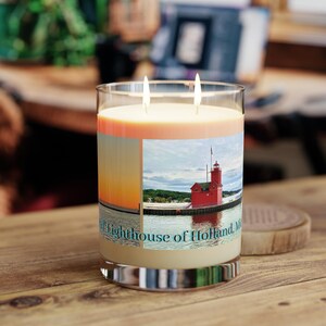 Vela perfumada Holland Big Red Lighthouse, cera de soja, impresión escénica en vidrio