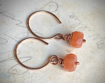 Tiny Sunstone Earrings on Rose Gold Hoops