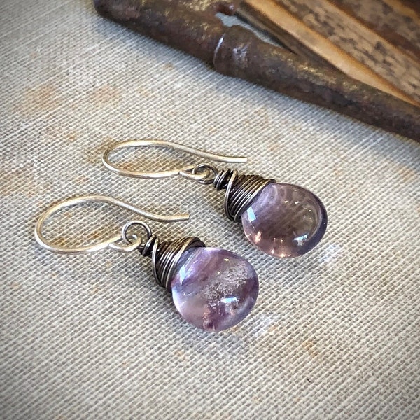 Fluorite Earrings, Gemstone Teardrop Briolette Earrings, Antiqued Sterling Silver, Lavender Fluorite, Purple Gemstone