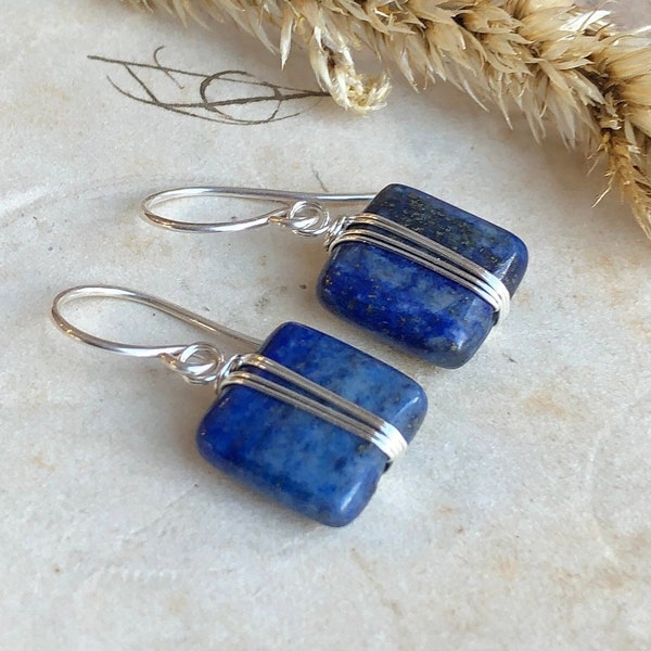 Lapis Earrings Silver Wire Wrapped Blue Gemstone Earrings Sterling Silver and Blue Earrings