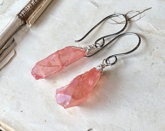 Peachy Pink Quartz Crystal Earrings on Stainless Steel