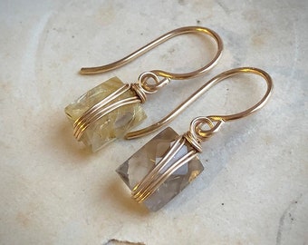 Rutilated Quartz Earrings, Gold Wire Wrapped Gemstone Gold Earrings, Luxe Rustic Jewelry