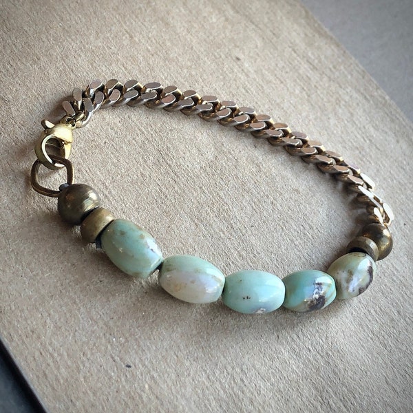 Terra Agate Bracelet, Agate Bead and Chain Bracelet, Flat Curb Bracelet, Half Beaded Half Chain Bracelet