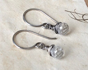 Tiny Topaz Earrings on Antiqued Sterling Silver, Faceted Clear Gemstone Dark Silver Earrings