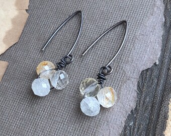 Tiny Topaz Trio Earrings, Oxidized Sterling Silver Hoops