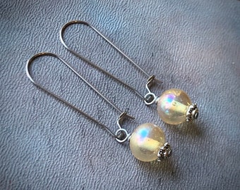 Crystal Ball Earrings, Vintage Glass Bead, Iridescent Luster Glass Earrings