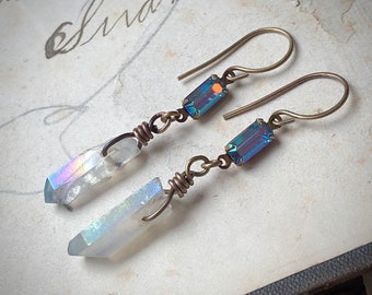 Blue Quartz Crystal Point Earrings with Rhinestones on Brass