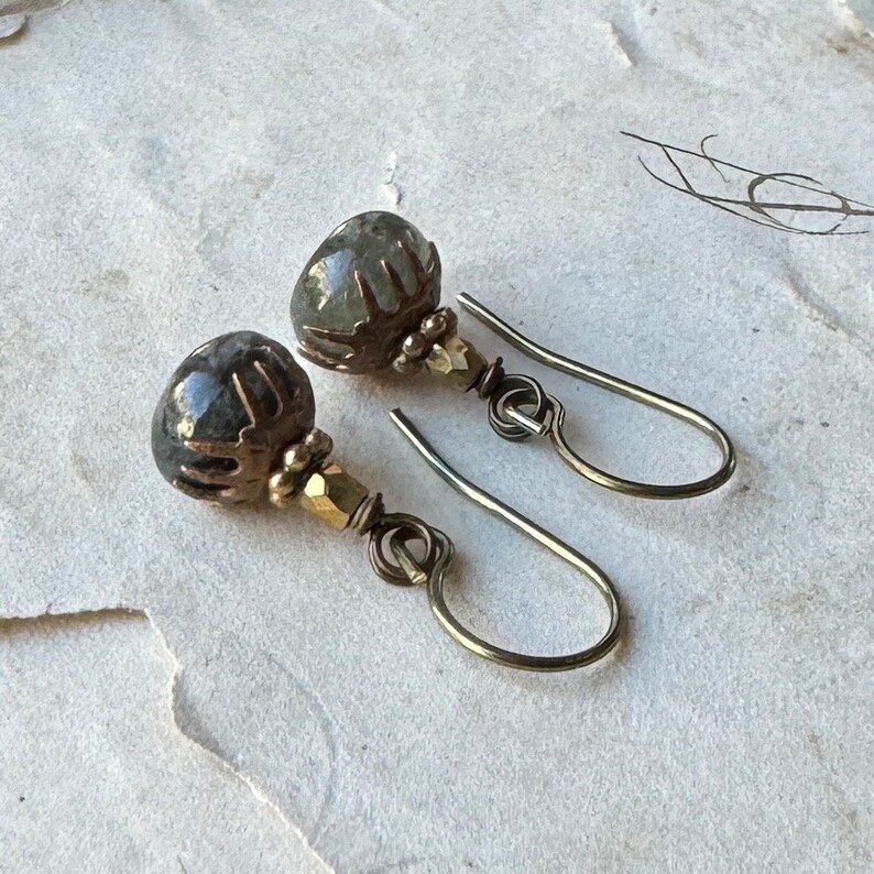 Spiky Capped Moss Aquamarine Earrings, Green Gemstone Antiqued Brass Earrings image 3