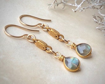 Tiny Labradorite Earrings, Gold Link, Gemstone Bead Earrings