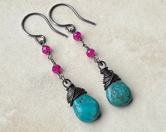 Turquoise Earrings with Hot Pink Chalcedony, Dark Metal Earrings