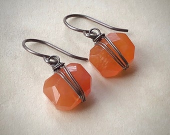 Carnelian Earrings, Sterling Silver Wire Wrapped Orange Gemstone Earrings