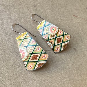 Colorful Cut Tin Earrings, Distressed Metal Floral Earrings, Recycled Tin Charm Earrings