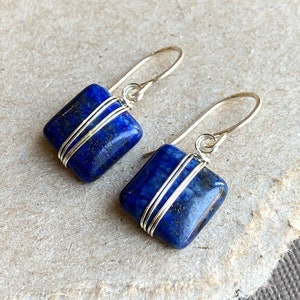 Lapis Earrings Silver Wire Wrapped Blue Gemstone Earrings Sterling Silver and Blue Earrings image 6