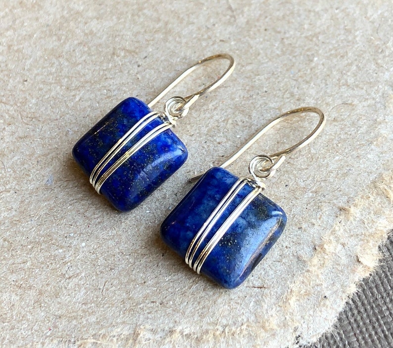 Lapis Earrings Silver Wire Wrapped Blue Gemstone Earrings Sterling Silver and Blue Earrings image 6