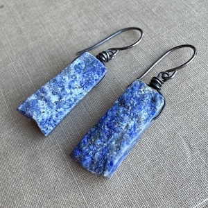 Rough Lapis Earrings, Blue Gemstone Earrings, Raw Lapis Lazuli on Oxidized Sterling Silver Earrings
