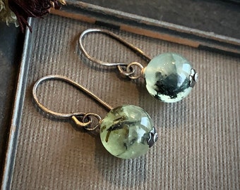 Seaweed Earrings, Prehnite Earrings, Green Gemstone Ball Bead Earrings, Oxidized Sterling Silver Earrings