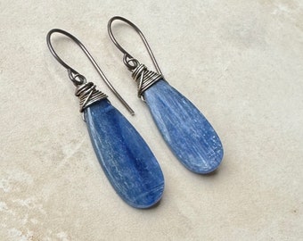 Kyanite Earrings, Blue Gemstone Teardrop, Sterling Silver Wire Wrapped Blue Earrings