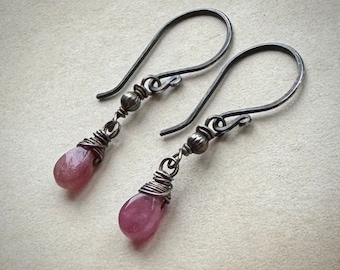 Pink Tourmaline Earrings, Tourmaline Teardrops with Dark Sterling Silver