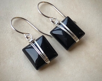 Black Onyx Earrings, Sterling Silver Wire Wrapped Black Gemstone Earrings