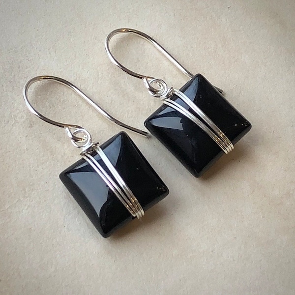 Black Onyx Earrings, Sterling Silver Wire Wrapped Black Gemstone Earrings