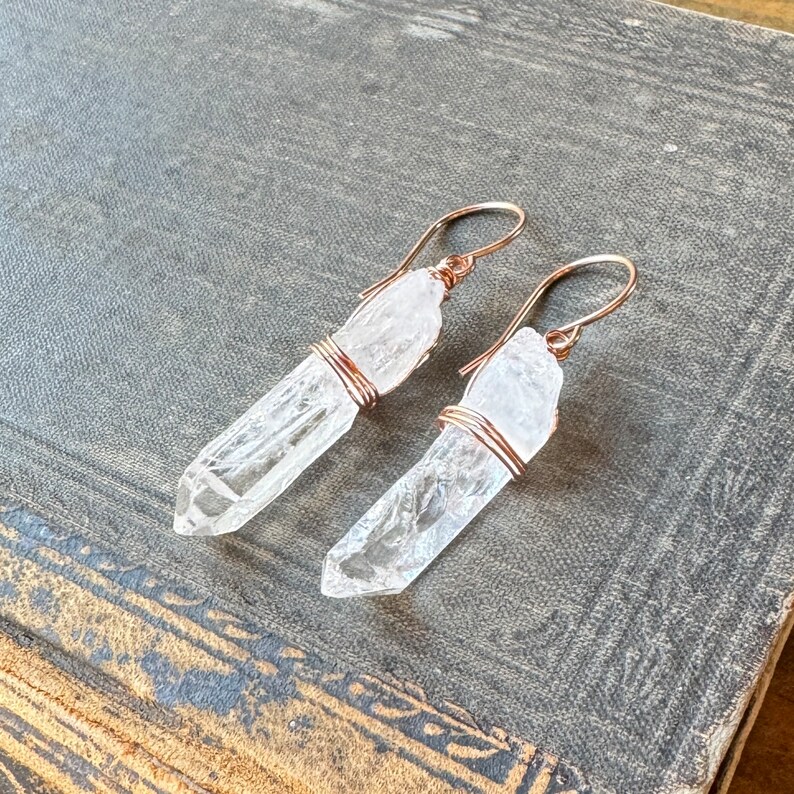 Quartz Point Earrings, Rustic Clear Quartz Crystal Point, Copper and Rose Gold Earrings image 6