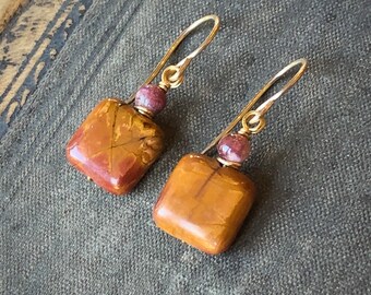 Picasso Jasper Earrings, Red Jasper and Tourmaline Earrings on Gold