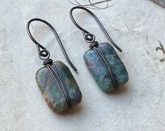 Ruby Kyanite Earrings, Dark Oxidized Metal, Antiqued Sterling Silver Earrings