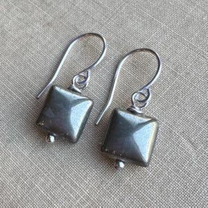 Pyrite Square Earrings, Small Metallic Cushion Bead Earrings with Sterling Silver