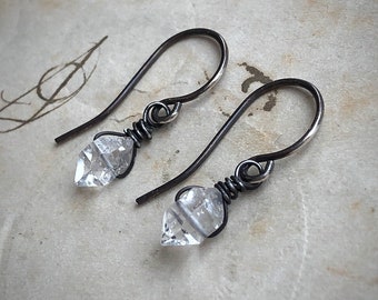 Herkimer Diamond Earrings, Tiny Quartz Crystal Earrings on Dark Silver