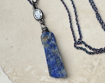 Rough Lapis Necklace, Blue Gemstone Necklace, Raw Lapis Lazuli CZ on Oxidized Sterling Silver Chain