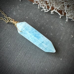 Aquamarine Necklace, Aquamarine Crystal Pendant, Aquamarine Double Point Necklace on Brass image 2