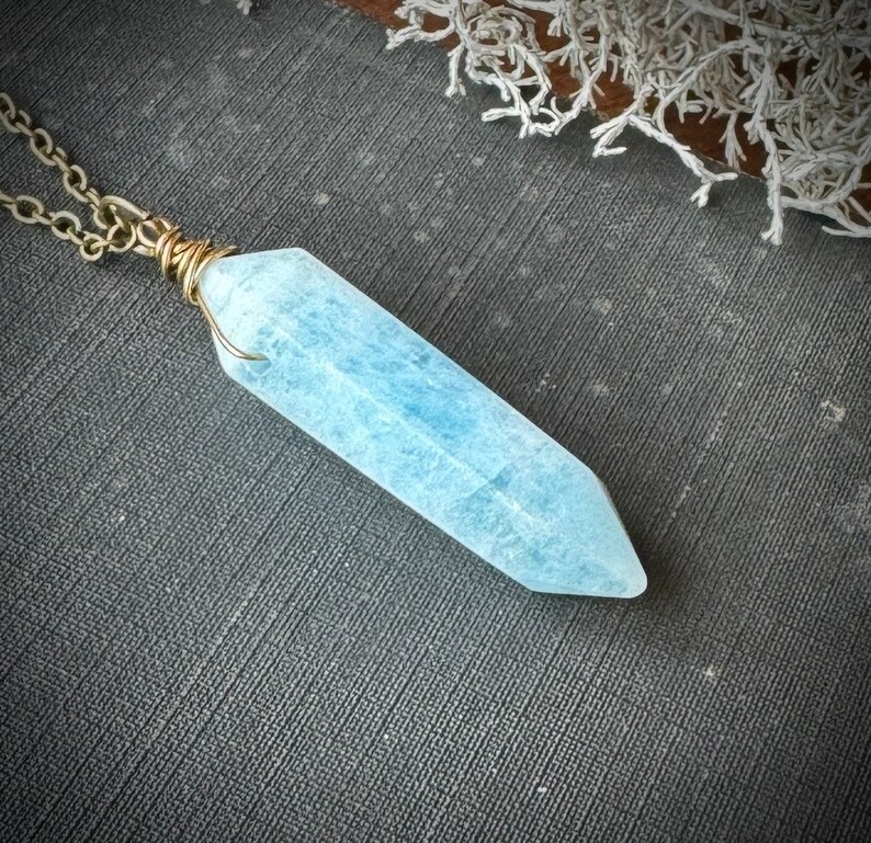 Aquamarine Necklace, Aquamarine Crystal Pendant, Aquamarine Double Point Necklace on Brass image 2