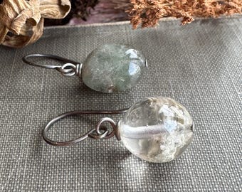 Lodolite Earrings, Green Phantom Quartz Earrings on Antiqued Silver