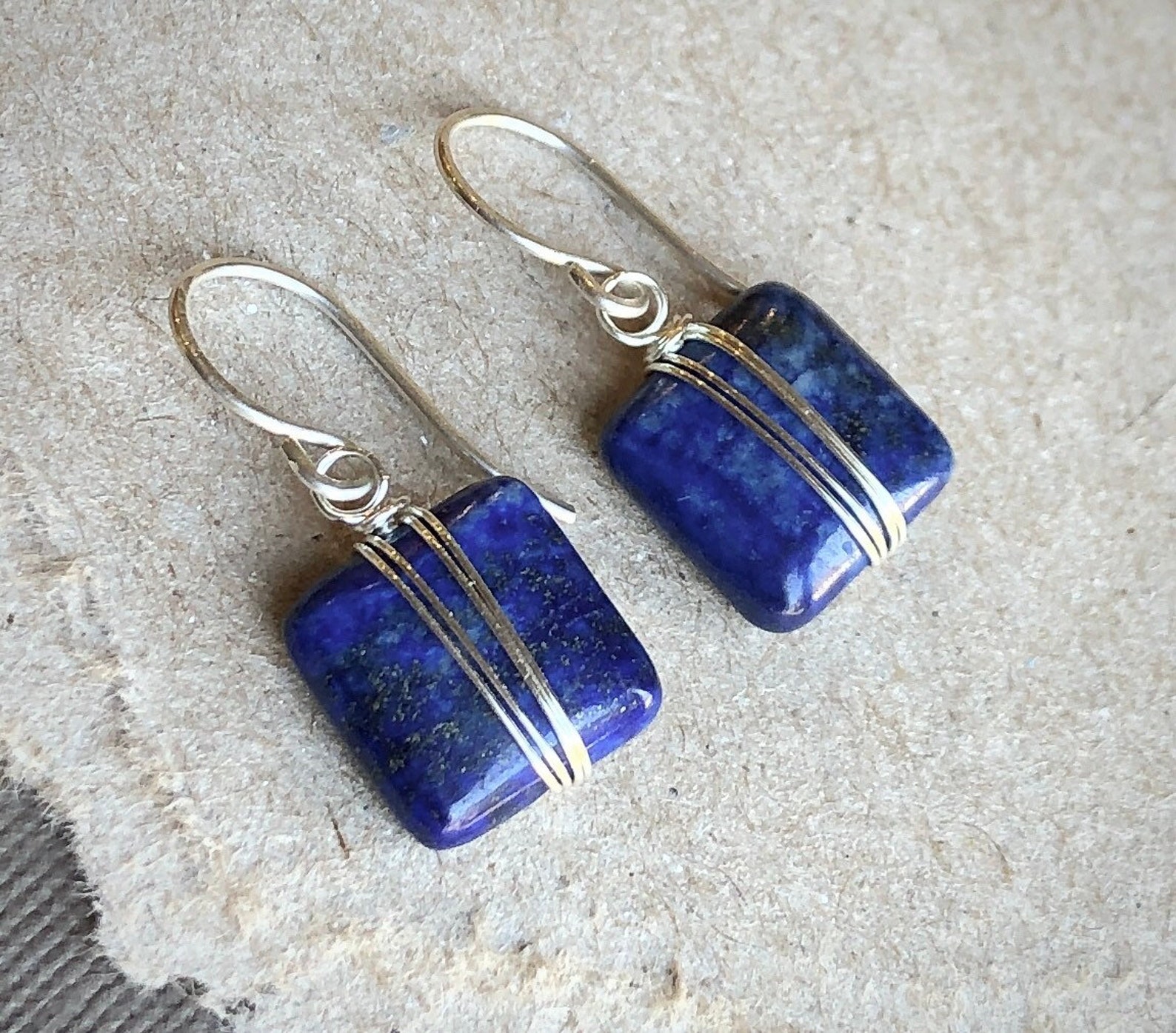Lapis Earrings Silver Wire Wrapped Blue Gemstone Earrings - Etsy