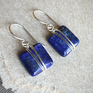 Lapis Earrings Silver Wire Wrapped Blue Gemstone Earrings Sterling Silver and Blue Earrings image 3