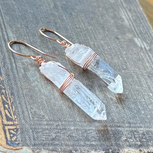 Quartz Point Earrings, Rustic Clear Quartz Crystal Point, Copper and Rose Gold Earrings image 2
