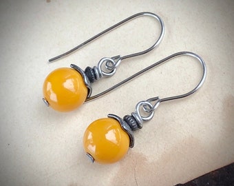 Mustard Yellow Earrings on Dark Silver, Yellow Agate Earrings