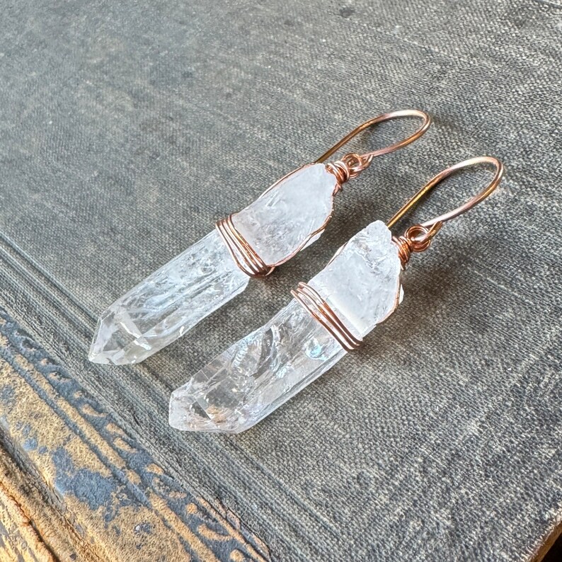 Quartz Point Earrings, Rustic Clear Quartz Crystal Point, Copper and Rose Gold Earrings image 3