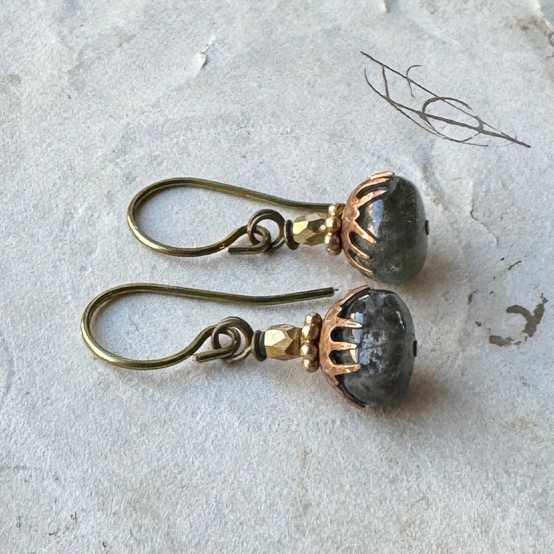 Spiky Capped Moss Aquamarine Earrings, Green Gemstone Antiqued Brass Earrings image 2