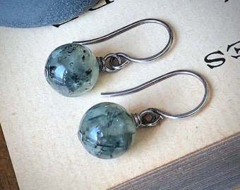 Seaweed Earrings, Prehnite Earrings, Green Gemstone Ball Bead Earrings, Sterling Silver Earrings