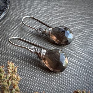 Smoky Quartz Earrings, Gray Brown Gemstone Teardrop Earrings