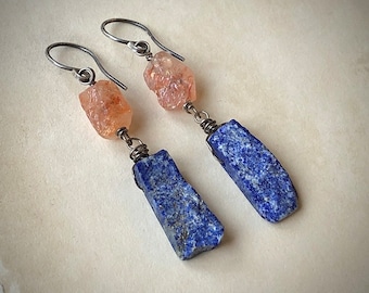 Rough Sunstone and Lapis Earrings on Oxidized Sterling Silver